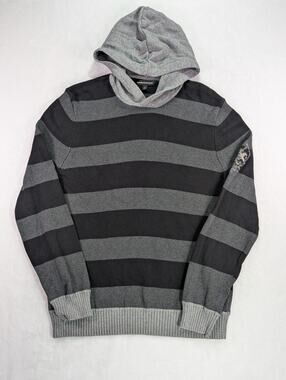 Express Design Studio Striped Knit Hoodie Sweater Gray Black Embroidered M Y2K